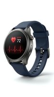 Smartwatch with heart rate monitor displaying BPM 72 and ECG waveform on circular AMOLED screen, navy silicone band, stainless steel case, isolated on white background for health and fitness app design.