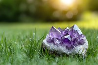 Raw amethyst crystal cluster on green grass with soft sunlight and bokeh background, natural healing stone in outdoor setting, spiritual wellness concept.