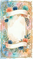 Watercolor floral frame with gold border and ribbon banners, pastel pink, blue, and teal flowers, copy space for text, wedding or greeting card.