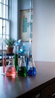 Laboratory glassware with colorful chemical solutions on wooden table in bright research facility for scientific experiments and education.