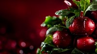 Fresh ripe red cherries with water drops and green leaves on dark burgundy background with bokeh lights, macro food photography.