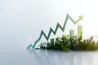 Growing green arrow chart emerging from plants showing sustainable business growth and eco-friendly financial success on light background.
