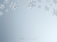 Crystalline snowflakes scattered across soft blue gradient background with New Year 2027 text, suitable for holiday greeting cards and seasonal marketing materials.
