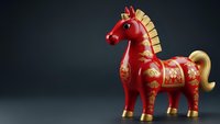 Red decorative horse figurine with golden ornamental patterns and mane, traditional Asian style sculpture for festive celebrations and cultural decor.