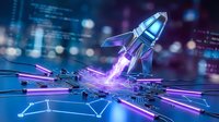 Rocket launching from digital circuit board with neon blue and purple glowing lines, representing startup growth, innovation, and technology advancement for business concepts.