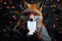 Red fox in warm sweater holding smartphone with blank screen against dark background with glowing bokeh lights, modern surreal animal concept.
