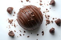Round milk chocolate bonbon decorated with thin stripes and surrounded by chocolate crumbs and small candy pieces on white background, top view.