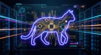 Digital lion silhouette with glowing circuit patterns and microchip core on futuristic holographic interface with data analytics and neon lighting effects.