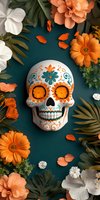 Mexican sugar skull decorated with floral patterns surrounded by orange gerbera daisies, white flowers and tropical leaves on dark teal background. Day of Dead celebration.