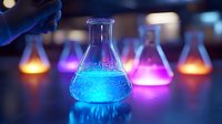 Glowing laboratory flasks with colorful luminescent liquids in science research lab. Blue and pink fluorescent solutions in glass beakers create magical chemistry atmosphere.
