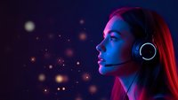 Young Asian woman wearing gaming headset with microphone in profile view against dark background with colorful neon lighting and bokeh effects.