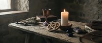 Mystical altar setup with pentagram, candle, chalice and ritual tools on wooden table for spiritual practices and witchcraft ceremonies.