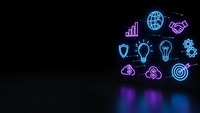 Neon business icons glowing on dark background with purple and blue lighting effects for corporate presentations and digital marketing materials.