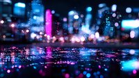 Blurred urban nightscape with neon pink and blue reflections on wet surface, creating dreamy bokeh effect. Modern city lights shimmer through rain drops.
