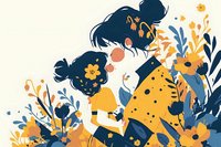 Young Asian mother and daughter sharing tender moment among yellow flowers and blue leaves, illustration in modern minimalist style for mothers day cards.