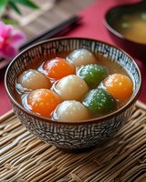 Colorful tang yuan sweet rice balls in ginger soup served in traditional Asian bowl on bamboo mat. Pink plum blossom adds decorative touch to festive dessert.