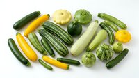 Fresh organic summer squash and zucchini varieties isolated on white background for healthy cooking and garden harvest recipes.