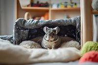 Adorable chinchilla relaxing on soft cushions and blankets in cozy home environment, looking directly at camera with curious expression and alert ears.