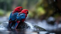 Two colorful red and blue parrots sitting together on wet rock surface in tropical rainforest setting with water droplets and lush green foliage background.