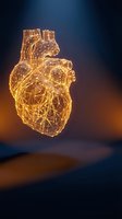 Golden wireframe human heart with glowing light effects on dark blue background for medical technology and healthcare design concepts.
