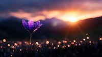 Vibrant purple crocus flower blooming at sunset with mountain silhouette and bokeh lights in foreground, creating magical spring atmosphere.
