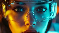 Close up portrait of young woman wearing protective safety glasses illuminated by vibrant neon yellow and blue lights creating dramatic contrast and futuristic atmosphere.