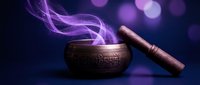Tibetan singing bowl with wooden mallet emitting purple mystical smoke against dark background with bokeh lights for meditation and spiritual healing practices.