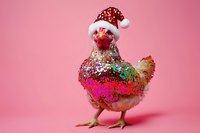 Festive chicken wearing Santa hat and covered in colorful glitter and sparkles standing against pink background, holiday farm animal concept for greeting cards.