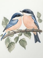 Pair of watercolor birds with blue feathers and peach bellies perched on branch among soft green leaves, gentle nature illustration for wall art and stationery design.