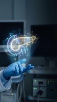 Medical professional in blue gloves holding holographic pancreas organ with glowing particles in modern healthcare laboratory for digital medicine concepts.