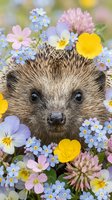 Adorable hedgehog surrounded by colorful spring wildflowers including buttercups, forget-me-nots, and clover blossoms for nature and wildlife designs.
