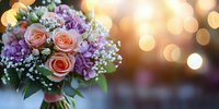 Romantic wedding bouquet with pink roses, purple flowers and baby's breath against golden bokeh background, soft focus floral arrangement for bridal ceremony.