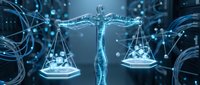 Digital justice scales with glowing blue network connections representing legal technology, blockchain law, and cyber jurisprudence concepts.