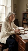 Mature Caucasian businesswoman writing at wooden desk in home office with books and natural window light for professional work concepts.