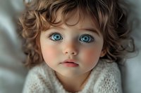Close up portrait of young Caucasian girl with bright blue eyes and curly brown hair wearing white knit sweater, soft natural lighting creates gentle mood.