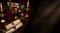 Medieval alchemist laboratory with ancient scrolls, brass scales, candles and mystical artifacts on wooden table creating atmospheric workspace for fantasy themes.
