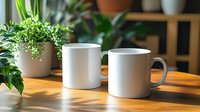Two white ceramic mugs on wooden table with green plants in background for morning coffee break and home decor mockup design.