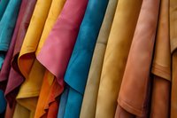 Colorful suede fabric samples in vibrant shades of blue, yellow, pink, and brown arranged in vertical folds, showing texture and material variety for fashion design.