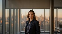 Professional businesswoman in dark suit standing by office windows with city skyline at sunset, corporate executive portrait for business success concepts.
