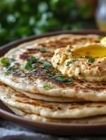 Fresh homemade naan bread served with creamy hummus dip, garnished with herbs and spices on rustic ceramic plate, close-up view showing texture and golden crust.