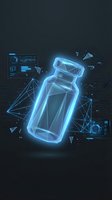 Futuristic holographic medicine bottle with glowing blue wireframe design and digital interface elements for healthcare technology concepts.