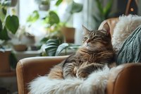 Tabby cat relaxing on brown leather armchair with white blanket near sunny window and potted plants, cozy home interior setting.