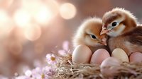 Two adorable fluffy chicks sitting in nest with eggs surrounded by soft bokeh lights and delicate pink flowers creating warm spring atmosphere.