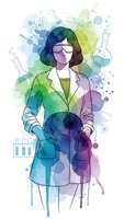 Female scientist in lab coat with watercolor splashes and chemistry equipment for scientific research and education concepts.