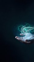 Human hands cupping glowing green digital energy waves with particles and light effects on dark background for technology and innovation concepts.