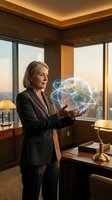 Professional businesswoman examining holographic brain model in modern office during golden hour for neuroscience research and corporate innovation concepts.