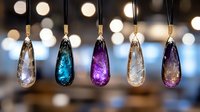 Colorful crystal pendants hanging on black cords against blurred bokeh background, featuring turquoise, purple, and clear quartz stones with elegant gold caps.