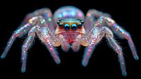 Colorful jumping spider with iridescent rainbow sheen and large eyes on black background, macro photography showcasing detailed arachnid features and vibrant colors.