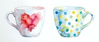 Two watercolor mugs with isolated designs on white background, left cup features red heart shape, right cup displays colorful polka dots in blue, green and yellow. Suitable for merchandise, apparel printing and graphic design projects.