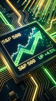 S&P 500 stock market index display showing upward trending arrow with plus 4.5% gain on digital screen with glowing green and gold circuit board background.